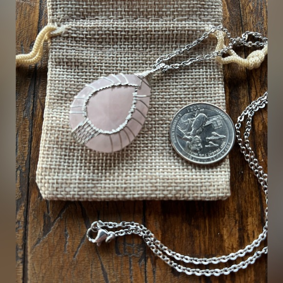 Brand New Wire-Wrapped Rose Quartz Drop Pendant with Stainless steel Chain - Picture 3 of 3